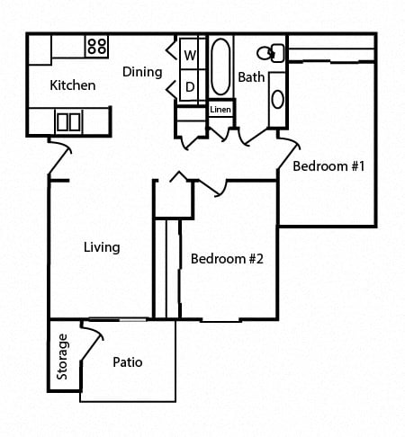Floor plan for 2 beds, 1 bath, 780 sqft